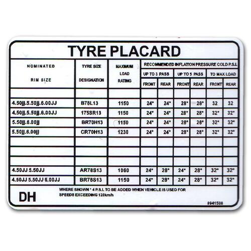 TYRE PLACARD LX 6 CYL 'SL' SEDAN