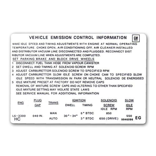 DECAL EMISSION LX TORANA 3300 ENGINE